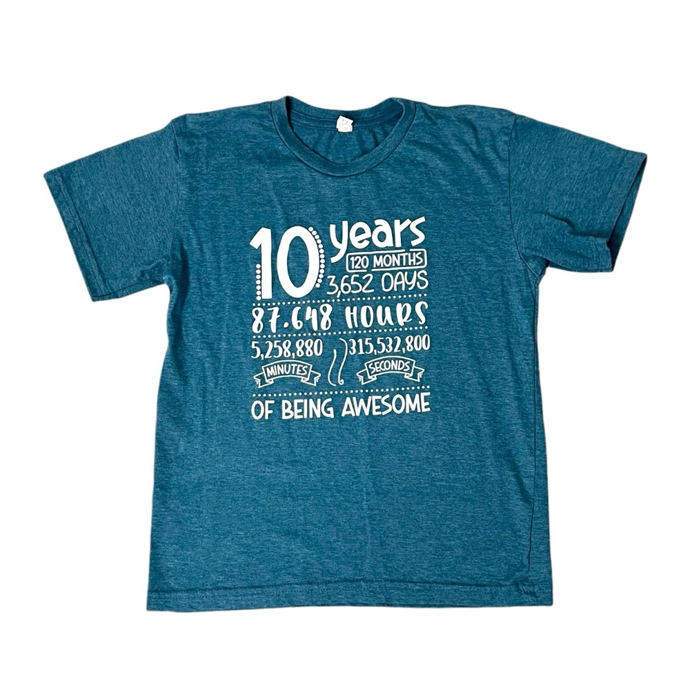 10 Years Old Deep Teal Heather Short Sleeve Shirt - Size Youth Large Unisex